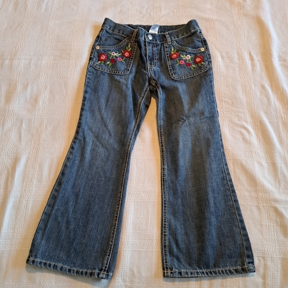 Gymboree girls 7 plus Cozy Owl jeans with floral embroidery, adjustable VGUC